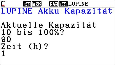 Eingabe Startkapazität, Stunden, Minuten